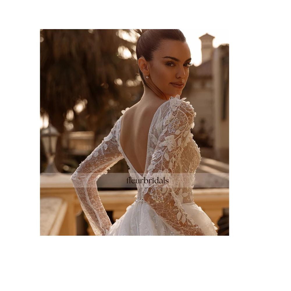 Customized Scoop Neck Long Sleeve Lace Vintage Wedding Dress Sexy Backless Appliques Beaded Court Train A Line Bridal Gown - Fleur Bridals 