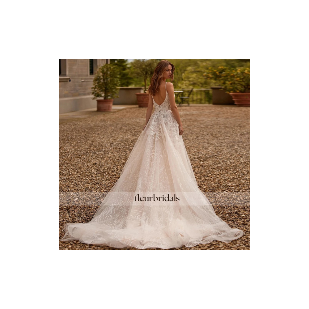 Sexy Backless V Neck Lace Vintage Wedding Dresses Luxury Spaghetti Straps Beaded Court Train A Line Bridal Gown - Fleur Bridals 