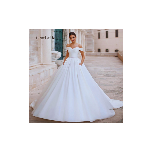 Customized Sexy Backless Boat Neck Matte Satin Princess Wedding Dress Luxury Sashes Beaded Button Court Train A Line Bride Gown - Fleur Bridals 