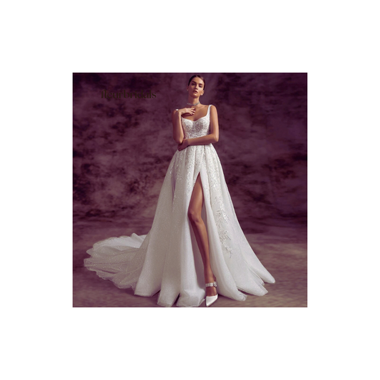 Customized Exquisite Appliques Beaded A Line Vintage Wedding Dress Luxury Spaghetti Straps Court Train Princess Bridal Gown - Fleur Bridals 