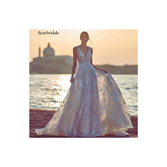 Customized Sexy Illusion V Neck Lace Vintage Wedding Dresses Luxury Appliques Belt Sweep Train A Line Bridal Gown - Fleur Bridals 