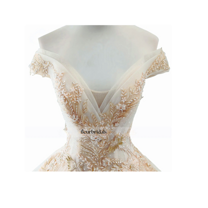 Customized Lace Ball Gown Wedding Dresses Luxury Boat Neck Appliques Beaded Royal Train Vintage Bridal Gown - Fleur Bridals 