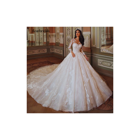 Customized Sexy Backless Long Sleeve Lace Ball Gown Wedding Dresses Luxury Appliques Flowers Chapel Train Vintage Bridal Gowns - Fleur Bridals 