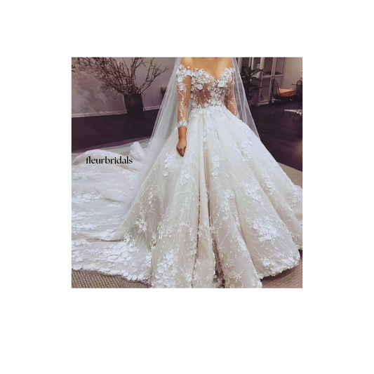 Customized Sexy Illusion Long Sleeve Lace Ball Gown Wedding Dresses Exquisite Boat Neck Flowers Chapel Train Vintage Bridal Gown - Fleur Bridals 