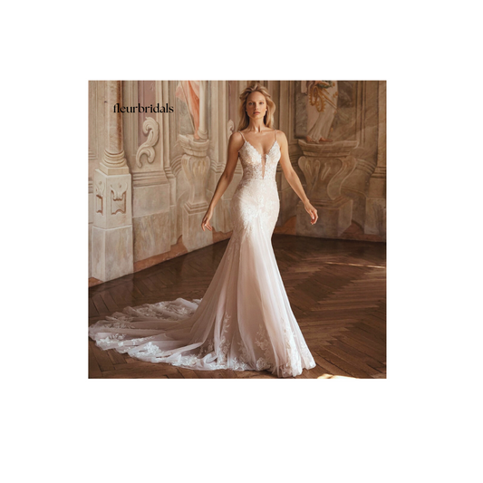 Customized Sexy Sweetheart Backless Mermaid Wedding Dresses Luxury Spaghetti Straps Appliques Court Train Trumpet Bridal Gown - Fleur Bridals 