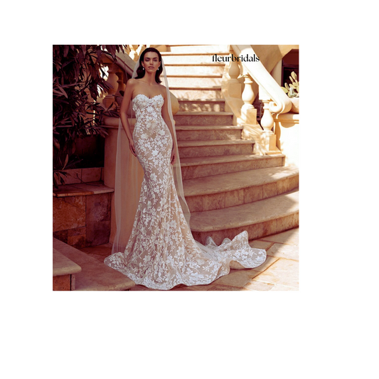 Customized Elegant Strapless Detachable Train Lace Mermaid Wedding Dresses Backless Appliques Beaded Flowers Trumpet Bridal Gown - Fleur Bridals 