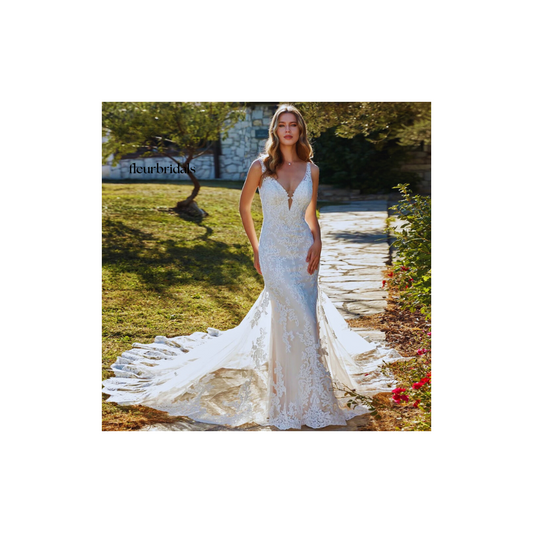 Customized Sexy Backless V Neck Appliques Mermaid Wedding Dresses Luxury Spaghetti Straps Court Train Trumpet Bridal Gown - Fleur Bridals 