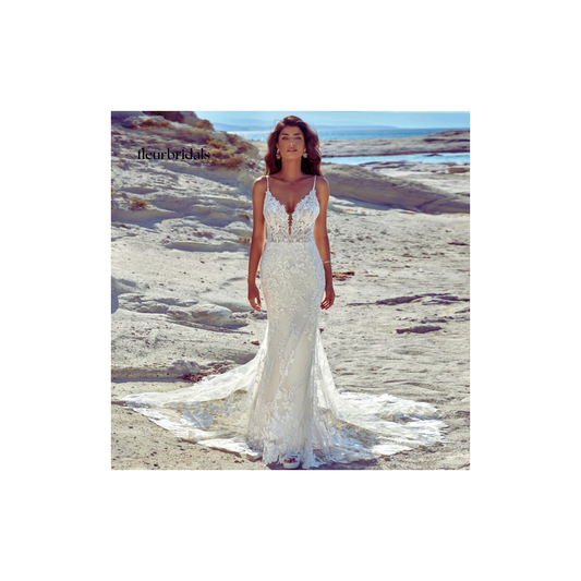 Mermaid Vintage Wedding Dress | Sweetheart Spaghetti Straps, Embroidery Appliques & Back Bow - Fleur Bridals 