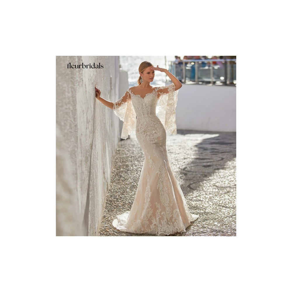 Customized Backless Cap Sleeve Lace Mermaid Wedding Dress | Elegant Scoop Neck Trumpet Gown - Fleur Bridals 