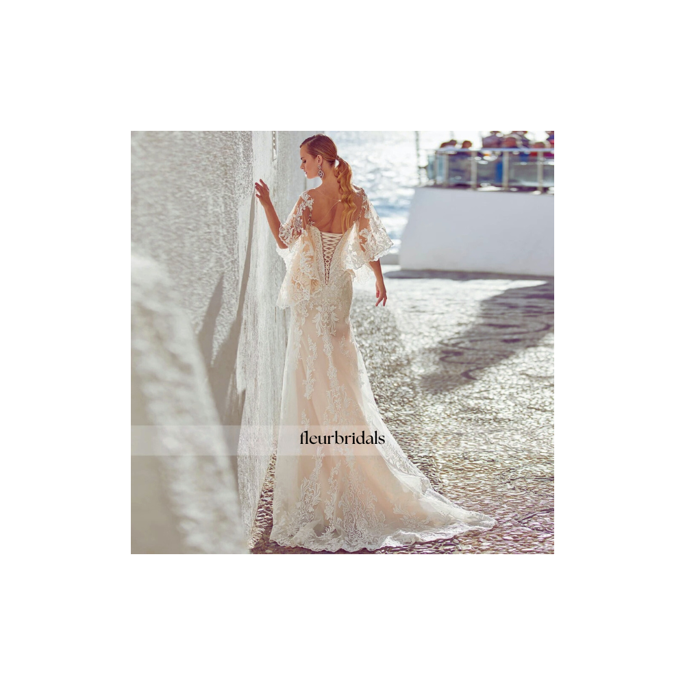 Customized Backless Cap Sleeve Lace Mermaid Wedding Dress | Elegant Scoop Neck Trumpet Gown - Fleur Bridals 