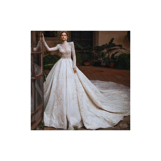 Exquisite High Neck Lace Wedding Dress | Luxury Beaded Crystal A-Line Bridal Gown - Fleur Bridals 