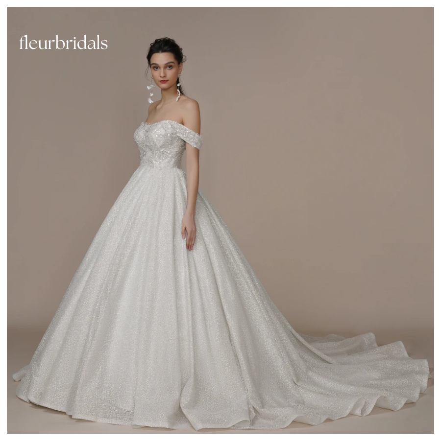 Luxury Strapless A Line Glitter Wedding Dresses Off The Shoulder Women Ivory Bling-Bling Sleeveless Bride Bridal Gown