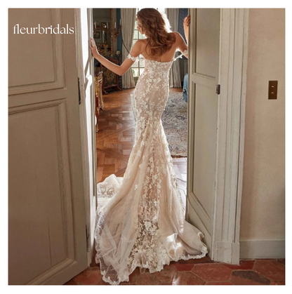 Elegant Boat Neck Spaghetti Straps Lace Mermaid Wedding Dress Sexy Illusion Beaded Pearls Court Train Trumpet Bridal Gown - Fleur Bridals 