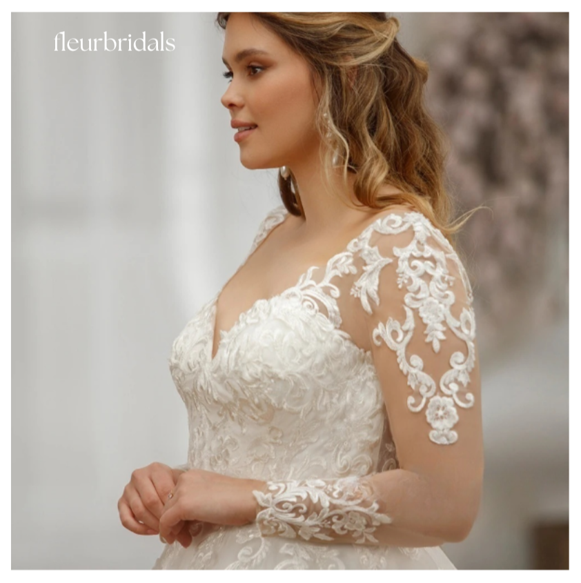 V Neck Long Sleeves Bride Gowns Lace Appliques Back Lace Up Tulle A-Line Sweep Train