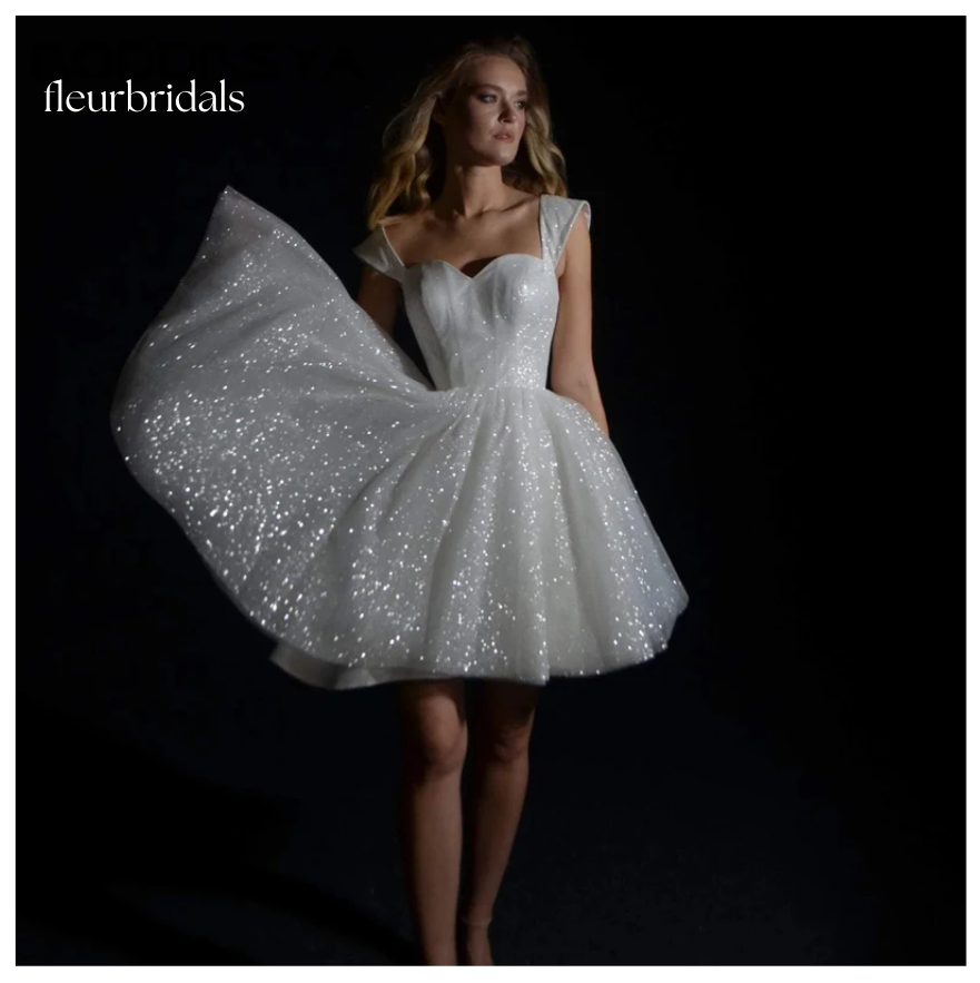 Mini Wedding Dresses For Women Sparkling Tulle A-line  Princess Sweetheart Off Shoulder Dress