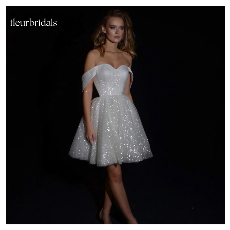 Mini Wedding Dresses For Women Sparkling Tulle A-line  Princess Sweetheart Off Shoulder Dress