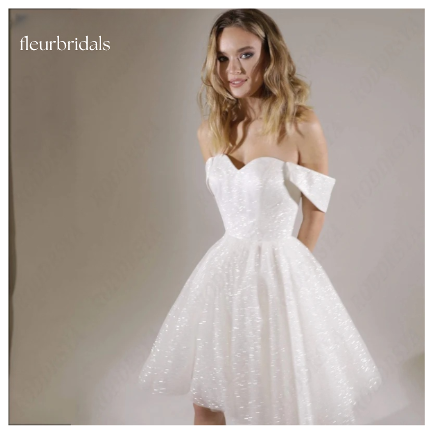 Mini Wedding Dresses For Women Sparkling Tulle A-line  Princess Sweetheart Off Shoulder Dress