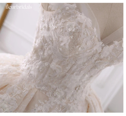 Sexy Sweetheart Lace Ball Gown Wedding Dresses Applique Beaded Flowers Chapel Train Bride Gown - Fleur Bridals 
