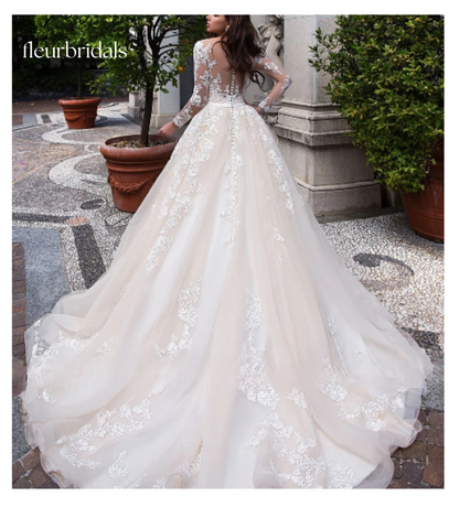 Elegant Illusion Long Sleeve Vintage Wedding Dresses Luxury Scoop Neck Appliques Court Train A Line Bridal Gowns - Fleur Bridals 
