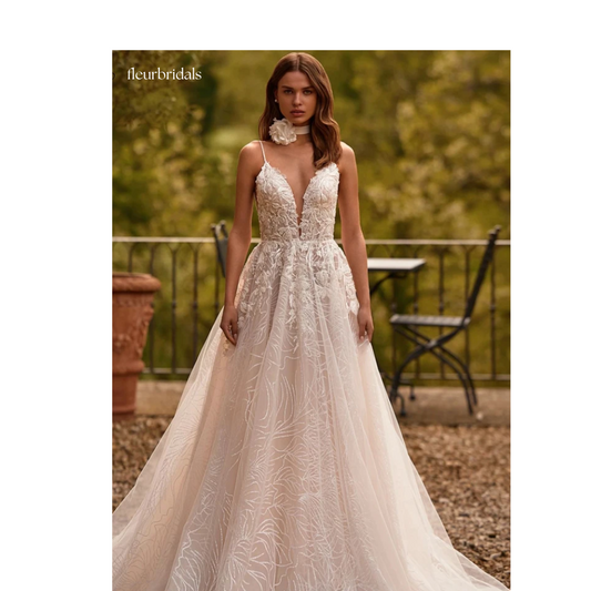 Sexy Backless V Neck Lace Vintage Wedding Dresses Luxury Spaghetti Straps Beaded Court Train A Line Bridal Gown - Fleur Bridals 