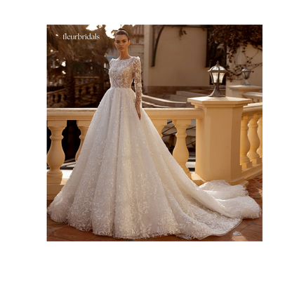 Customized Scoop Neck Long Sleeve Lace Vintage Wedding Dress Sexy Backless Appliques Beaded Court Train A Line Bridal Gown - Fleur Bridals 