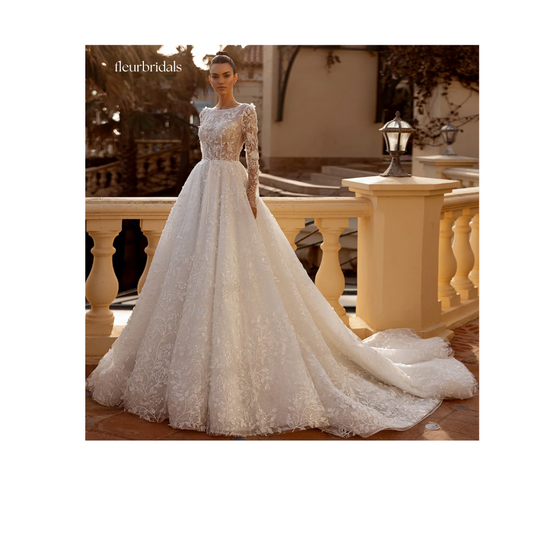 Customized Scoop Neck Long Sleeve Lace Vintage Wedding Dress Sexy Backless Appliques Beaded Court Train A Line Bridal Gown - Fleur Bridals 