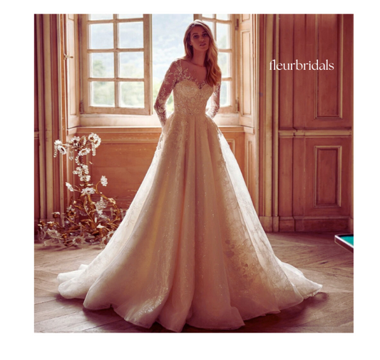 Luxury Scoop Neck Long Sleeve Lace Wedding Dress | Appliques, Beaded Belt & Court Train A-Line Gown - Fleur Bridals 