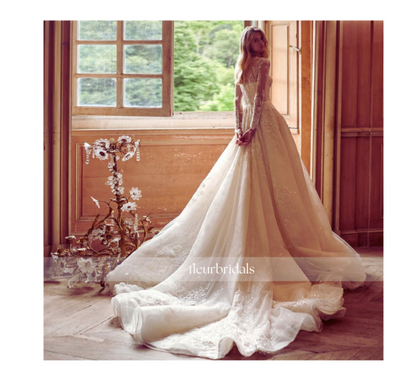 Luxury Scoop Neck Long Sleeve Lace Wedding Dress | Appliques, Beaded Belt & Court Train A-Line Gown - Fleur Bridals 